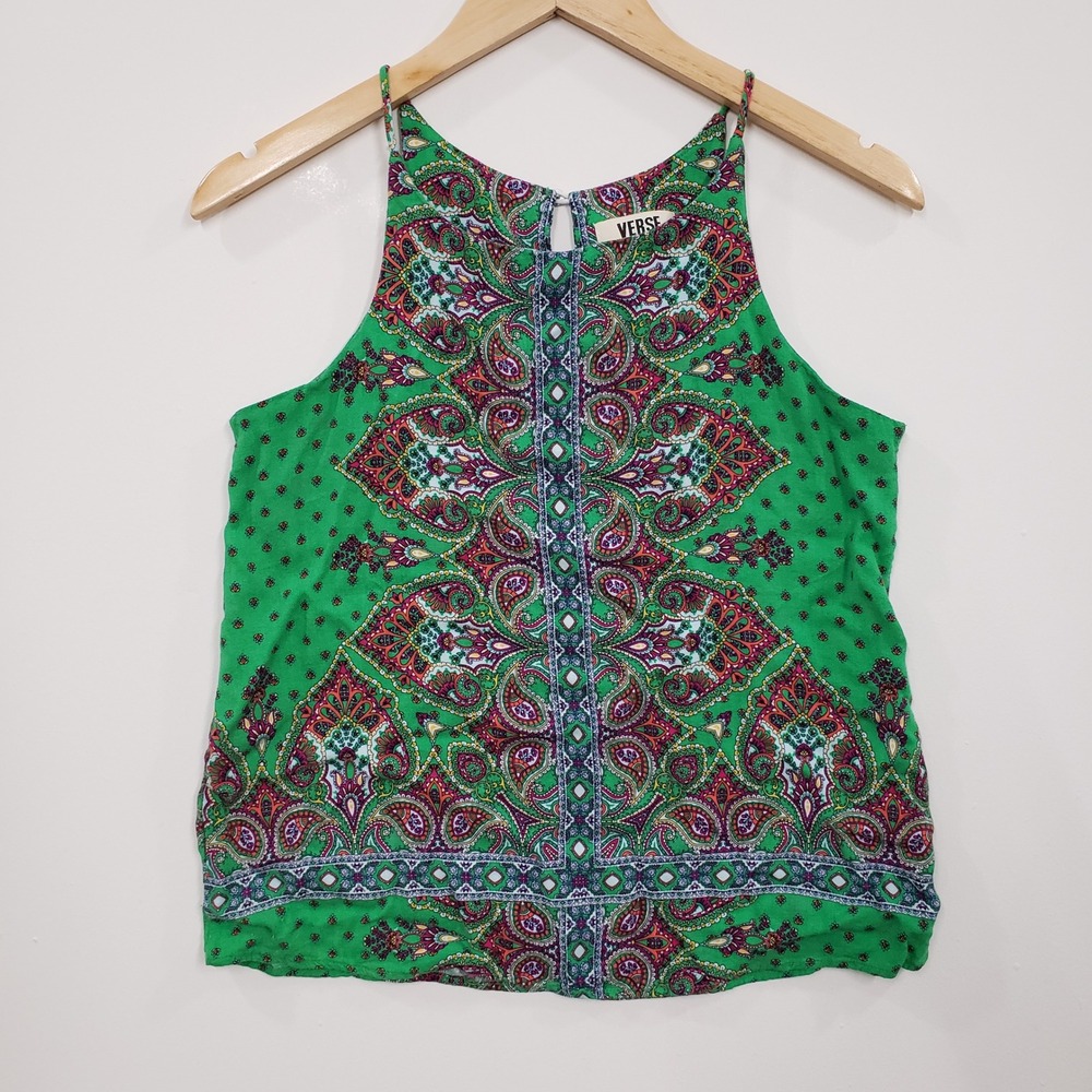 Verse Tank Top Women Small Green Paisley Halter Neck Boho Sleeveless Festival